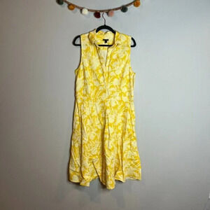 Ann Taylor yellow patterned collared button down A-Line dress